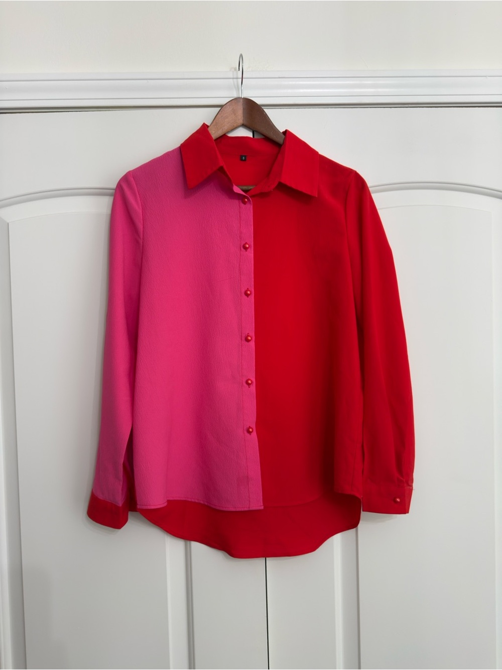 Two-Tone Pink & Red Button-Up Blouse